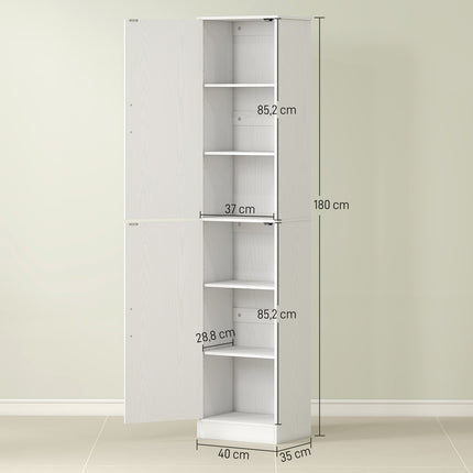 180 cm high bathroom cabinet, narrow bathroom cabinet with 2 doors, 4 adjustable shelves, chipboard, MDF, white