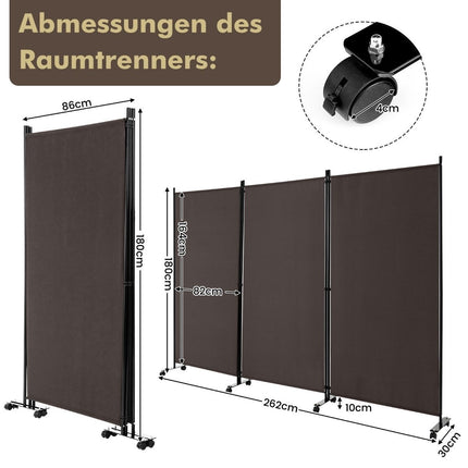 180 cm high room divider on wheels, folding screen with 3 freely combinable panels, brown
