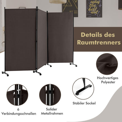 180 cm high room divider on wheels, folding screen with 3 freely combinable panels, brown