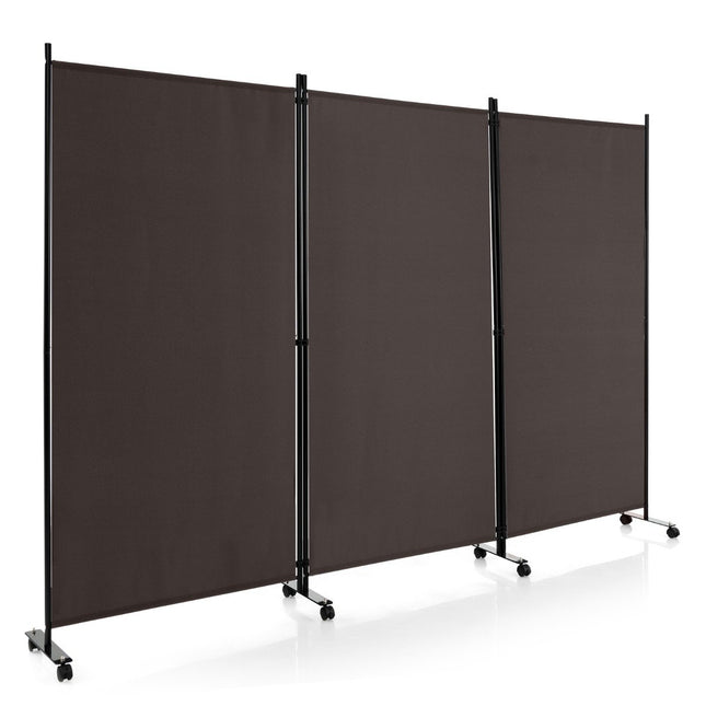 180 cm high room divider on wheels, folding screen with 3 freely combinable panels, brown