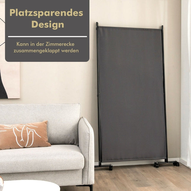 180 cm high room divider on wheels, folding screen with 3 freely combinable panels, grey