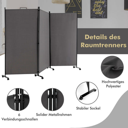 180 cm high room divider on wheels, folding screen with 3 freely combinable panels, grey