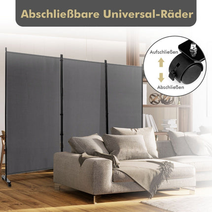 180 cm high room divider on wheels, folding screen with 3 freely combinable panels, grey