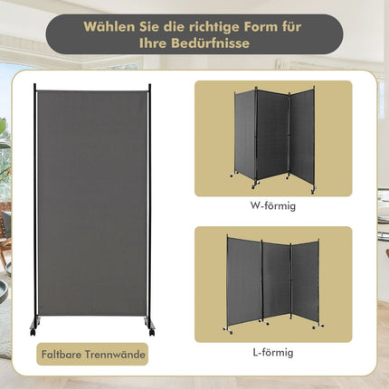 180 cm high room divider on wheels, folding screen with 3 freely combinable panels, grey