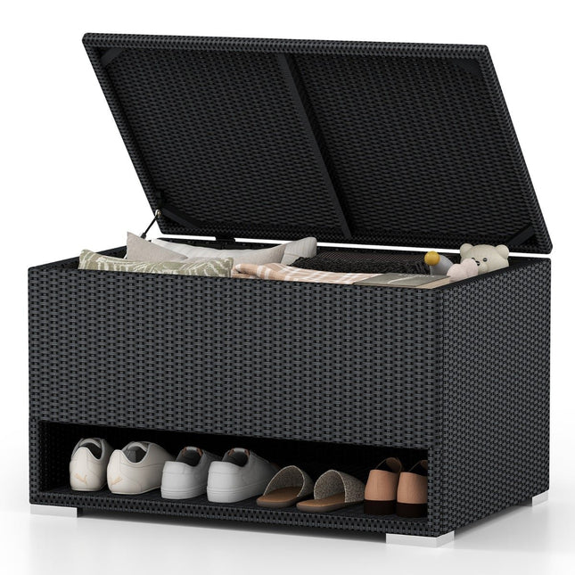 186L Black Rattan Storage Box with Shoe Rack & Liner
