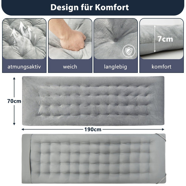 190 x 70 cm cotton camp bed cushion 7 cm thick mattress with 4 fastening straps gray