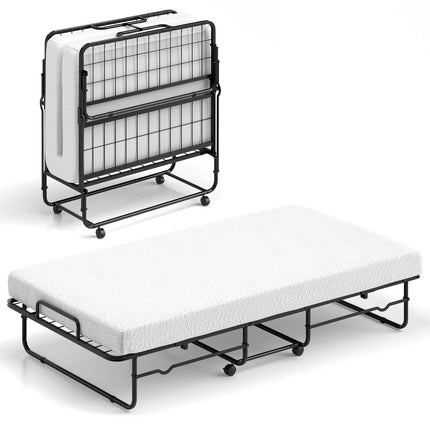 190 x 90 cm folding bed with mattress and lockable wheels. Portable guest bed
