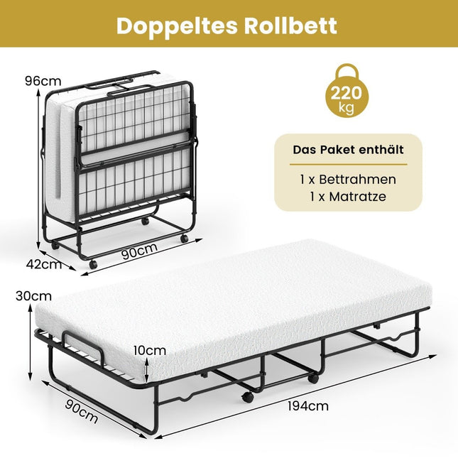 190 x 90 cm folding bed with mattress and lockable wheels. Portable guest bed
