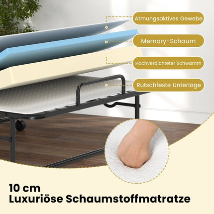 190 x 90 cm folding bed with mattress and lockable wheels. Portable guest bed