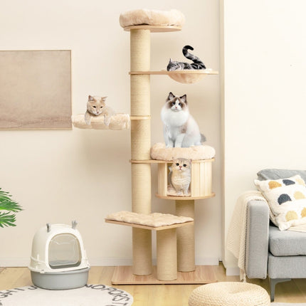 191 cm Wooden Cat Tree with Hammock & Cave