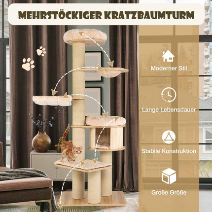 191 cm Wooden Cat Tree with Hammock & Cave