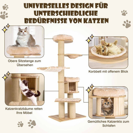 191 cm Wooden Cat Tree with Hammock & Cave