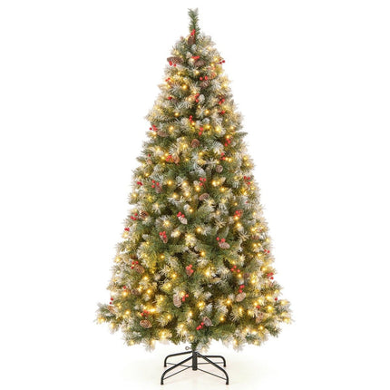 195 cm Artificial Christmas Tree with Lights & Snow & Pine Cones & Red Berries