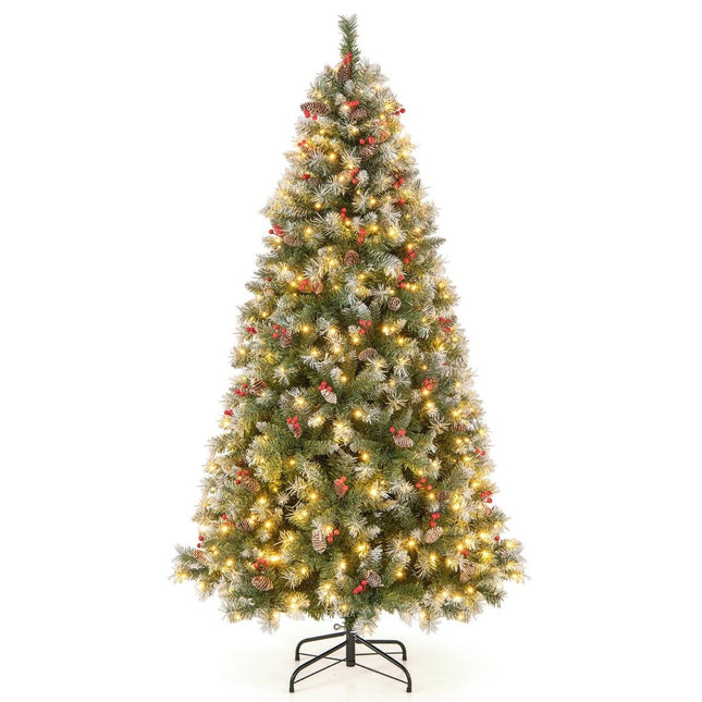 195 cm Artificial Christmas Tree with Lights & Snow & Pine Cones & Red Berries