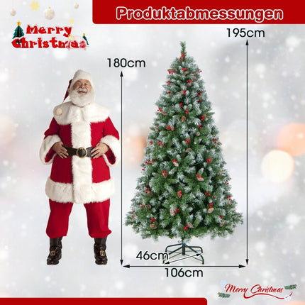 195 cm Artificial Christmas Tree with Lights & Snow & Pine Cones & Red Berries