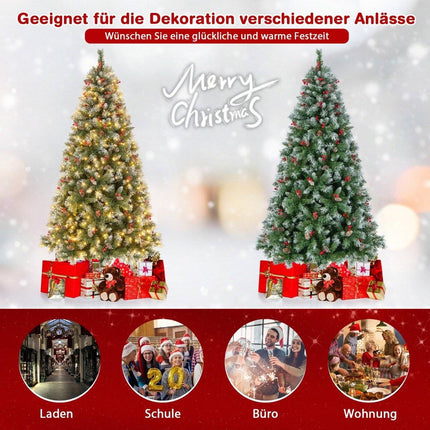 195 cm Artificial Christmas Tree with Lights & Snow & Pine Cones & Red Berries