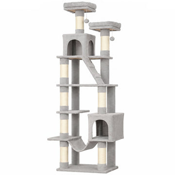 204 cm Multi-Level Cat Tree with Hammock & Caves, Light Grey