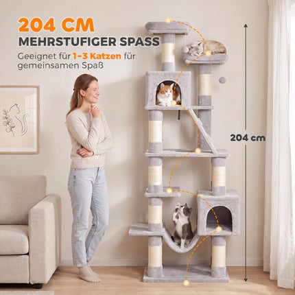 204 cm Multi-Level Cat Tree with Hammock & Caves, Light Grey