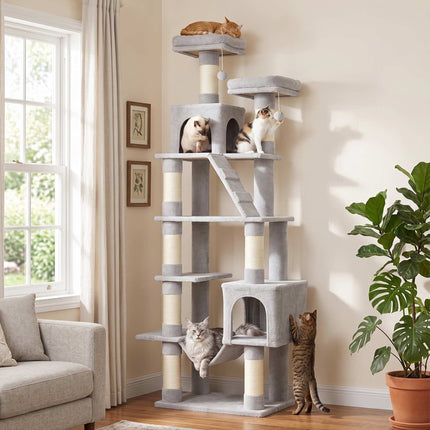 204 cm Multi-Level Cat Tree with Hammock & Caves, Light Grey
