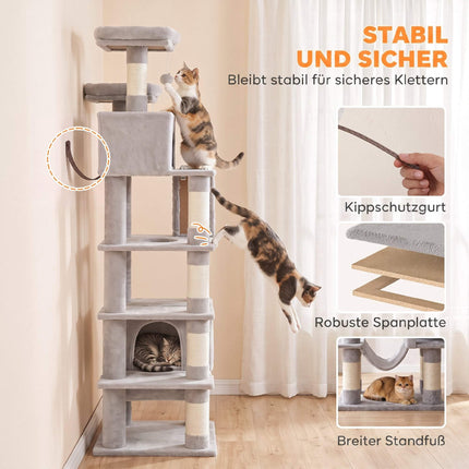 204 cm Multi-Level Cat Tree with Hammock & Caves, Light Grey