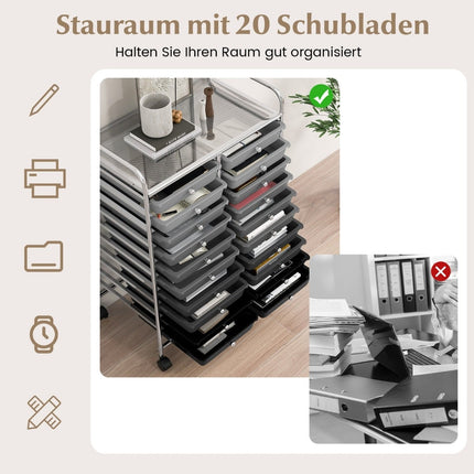 20-Drawer Rolling Cart with Metal Frame, Black