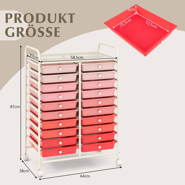 20-Drawer Rolling Cart with Metal Frame – Pink