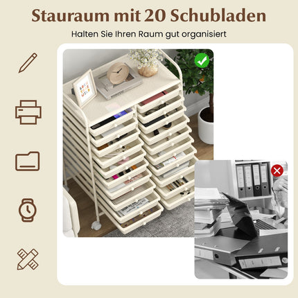 20-Drawer Rolling Cart with Metal Frame, White