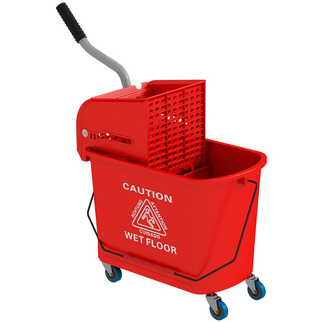 20 liter dweil emmer met wringer, wielen, rood plastic