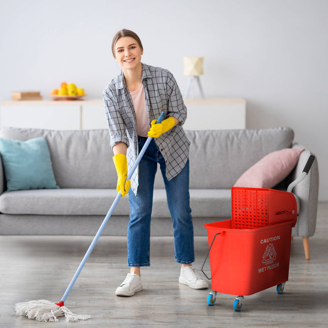 20 liter dweil emmer met wringer, wielen, rood plastic