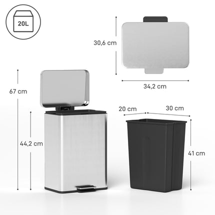 20L Pedal Bin with Soft-Close Lid, Removable Inner Bucket