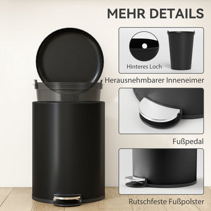 20L Pedal Trash Bin, Soft-Close Lid, Black Metal