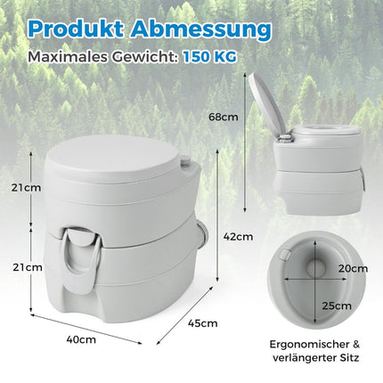 20L Portable Toilet with Removable Waste Tank & Leak-Proof Seat & Flush Pump Grey