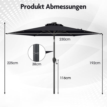 230 cm Black Patio Umbrella with LED Solar Lights
