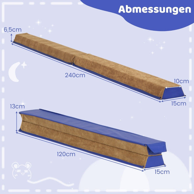Kinderevenwichtsbalk 240 cm met draagbeugel & Suède bekleding opvouwbare evenwichtsbalk blauw