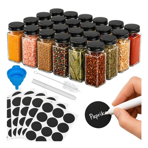Set van 24 glazen kruidenpotjes met etiketten, 120 ml per stuk.