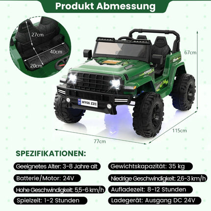 24V 2 Seater Children's Electric Car with Remote Control & Music & Horn & LED Lights Children's Car Green