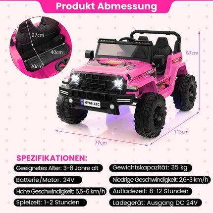 24V Kids Electric Ride-On Car, 2-Seater, Pink, USB & Music