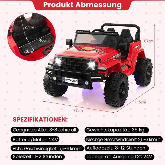 24V Kids Electric Ride-On Car, 2-Seater, Red, USB & Music