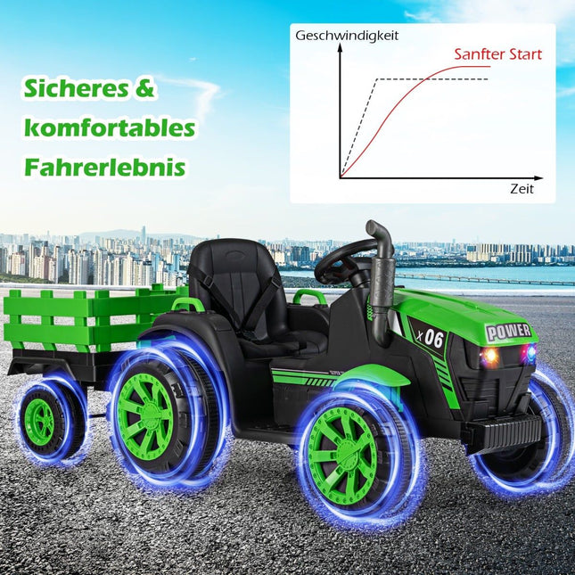 24V Kids Electric Tractor with Trailer, LED, Music, Green