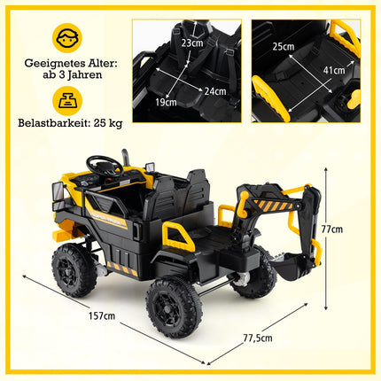 24V Kids Ride-On Excavator with Remote, 4WD, Yellow