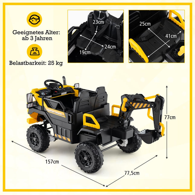 24V Kids Ride-On Excavator with Remote, 4WD, Yellow