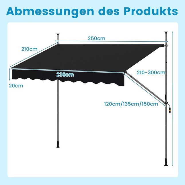 250 cm Retractable Balcony Awning, No-Drill, Black