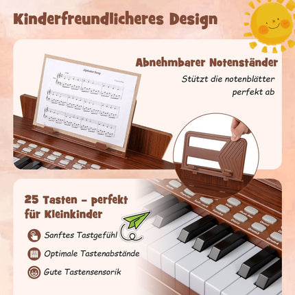 25-Key Kids Digital Piano – Adjustable Speed, Brown