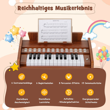 25-Key Kids Digital Piano – Adjustable Speed, Brown