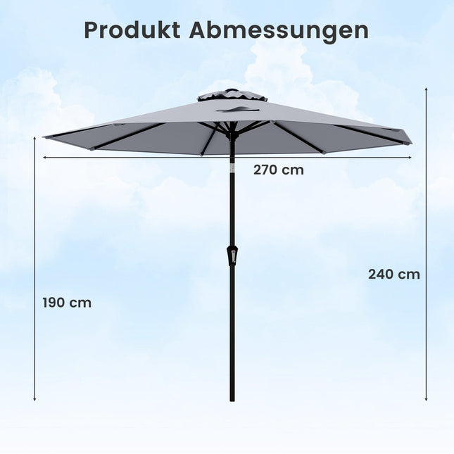 270 cm Grey Patio Umbrella, Crank Tilt, UV Protection