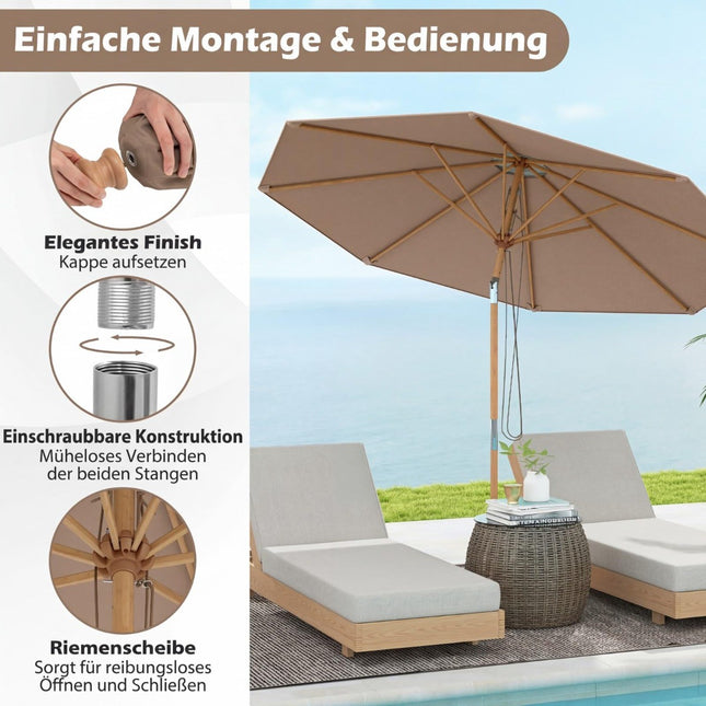 270 cm Patio Umbrella, Bamboo, Adjustable Tilt, Khaki