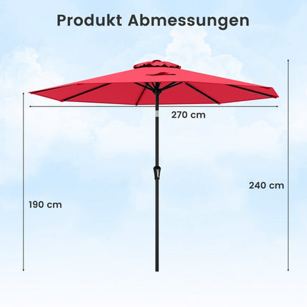 270 cm Red Patio Umbrella, Tilt & Crank, UV Protection