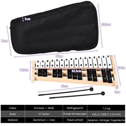 27 Note Xylophone with 2 Mallets & Carrying Bag Glockenspiel Hand Percussion Percussion