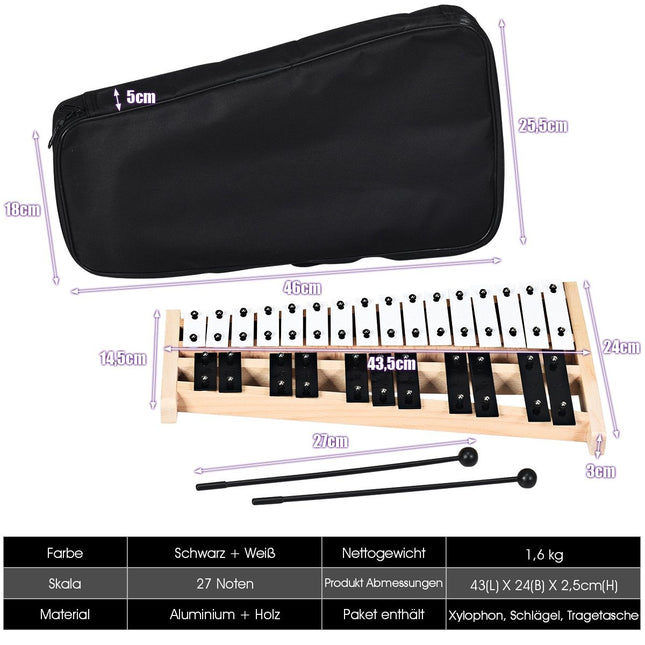 27 Note Xylophone with 2 Mallets & Carrying Bag Glockenspiel Hand Percussion Percussion