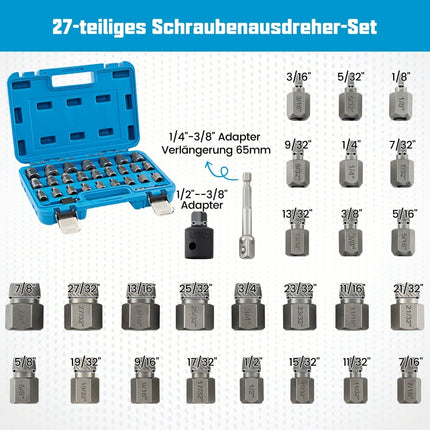 27-Piece Screw Extractor Set, Cr-Mo Steel, 1/8"-7/8"